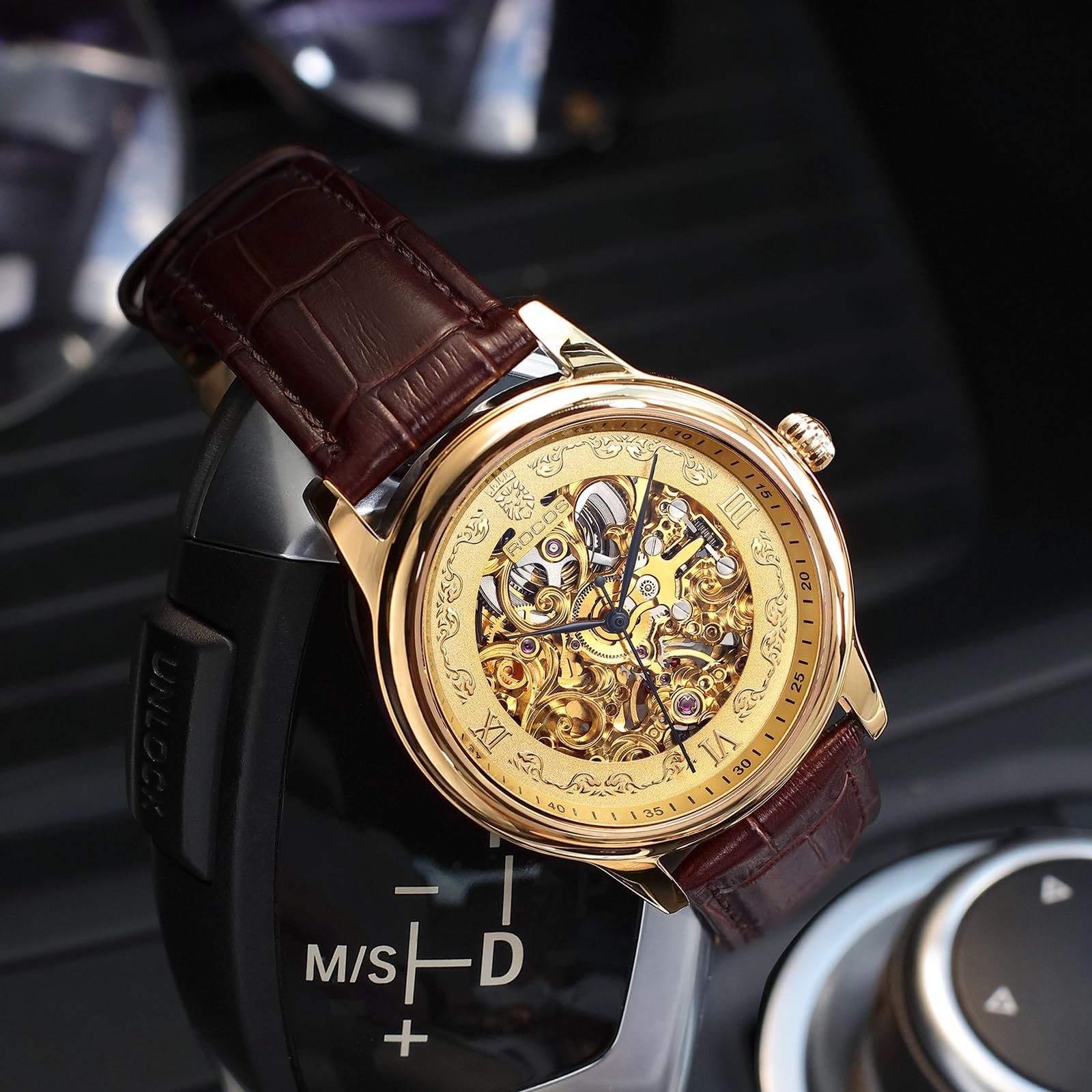 ROCOSJEWE Vintage Fashion Men's Watch Automatic Mechanical Movement Double Skeleton Watch Gold Watch Waterproof Watch for Men R0106