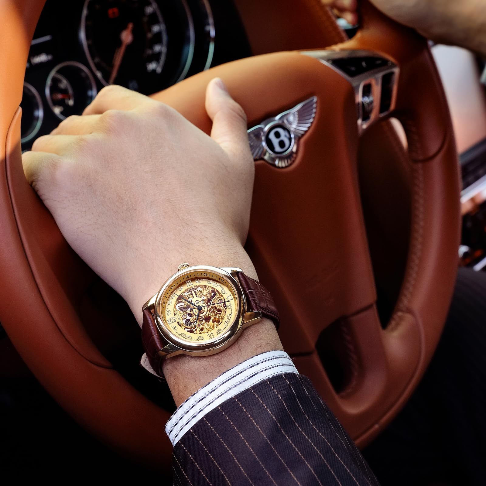 ROCOSJEWE Vintage Fashion Men's Watch Automatic Mechanical Movement Double Skeleton Watch Gold Watch Waterproof Watch for Men R0106