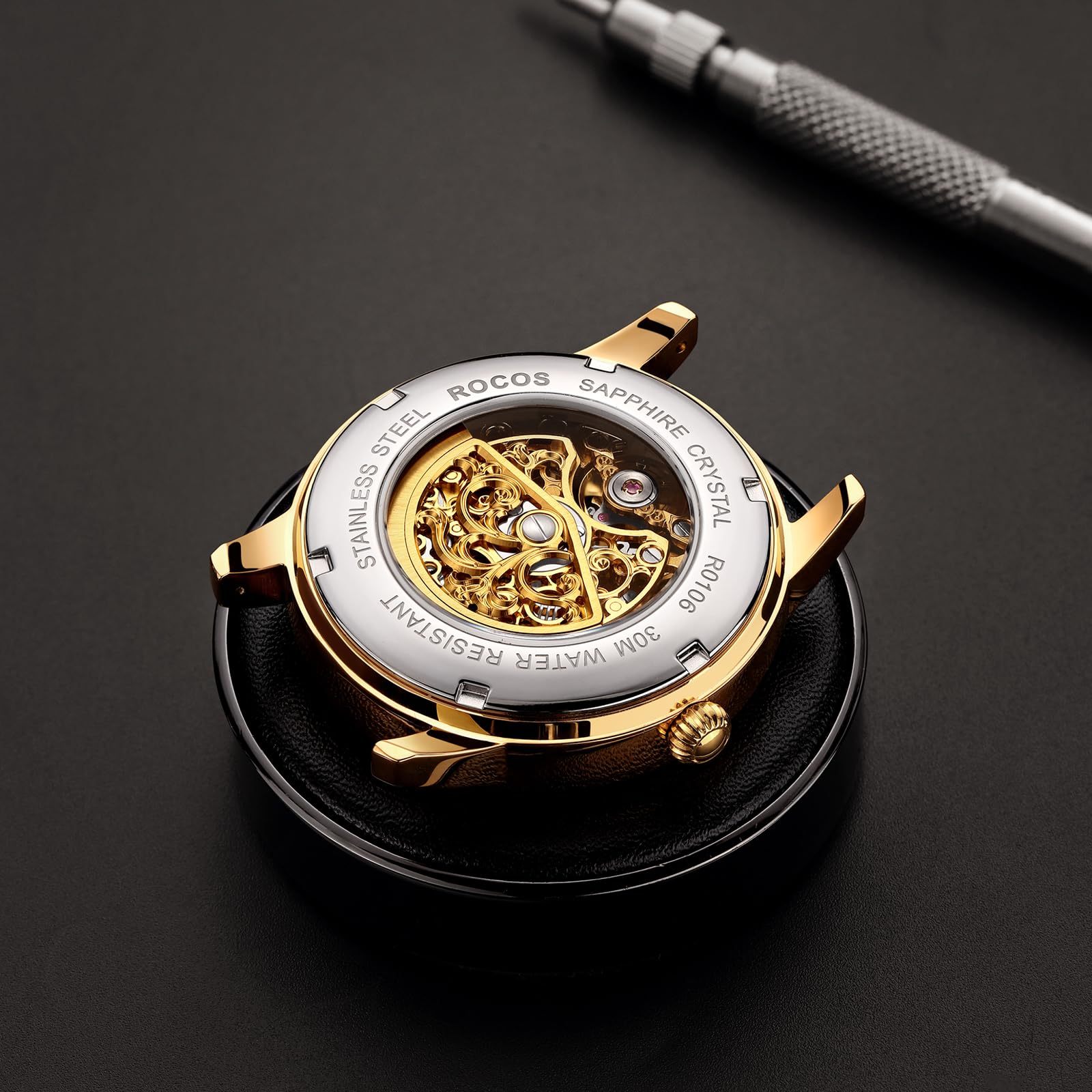 ROCOSJEWE Vintage Fashion Men's Watch Automatic Mechanical Movement Double Skeleton Watch Gold Watch Waterproof Watch for Men R0106