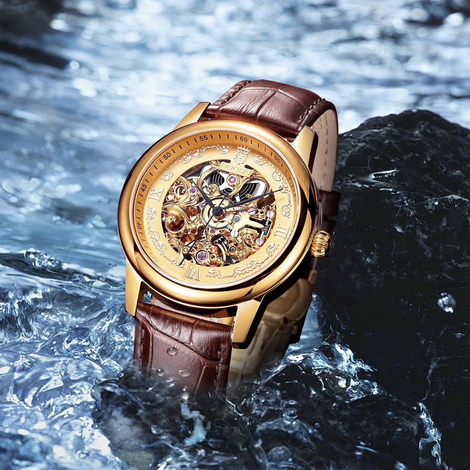 ROCOSJEWE Vintage Fashion Men's Watch Automatic Mechanical Movement Double Skeleton Watch Gold Watch Waterproof Watch for Men R0106