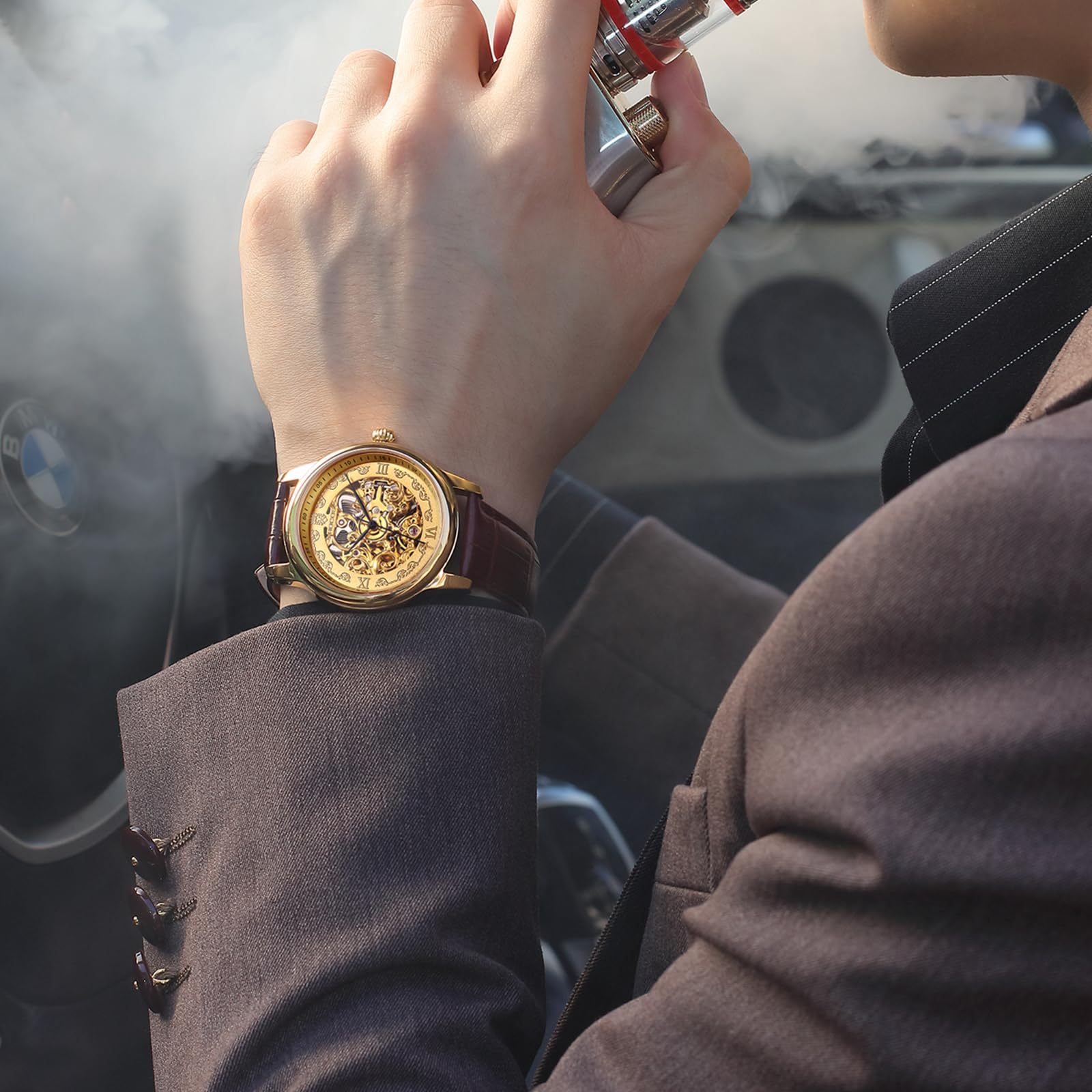 ROCOSJEWE Vintage Fashion Men's Watch Automatic Mechanical Movement Double Skeleton Watch Gold Watch Waterproof Watch for Men R0106