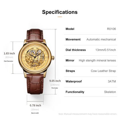 ROCOSJEWE Vintage Fashion Men's Watch Automatic Mechanical Movement Double Skeleton Watch Gold Watch Waterproof Watch for Men R0106