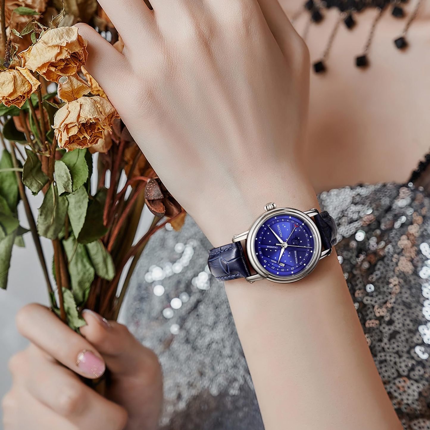 ROCOSJEWE Women's Quartz Watches Luxury Night Sky Watch Waterproof Sport Date Luminescence Sapphire WristWatch R0108