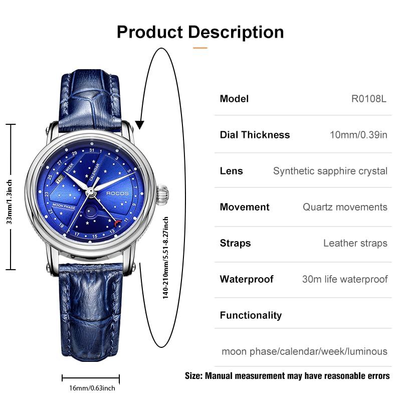 ROCOSJEWE Women's Quartz Watches Luxury Night Sky Watch Waterproof Sport Date Luminescence Sapphire WristWatch R0108