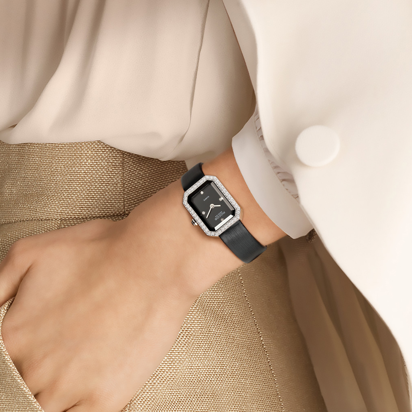 ROCOSJEWE Women's Watch Square Elegant Black Dial with Jewelry Quartz Watches for Women 26mm R0249