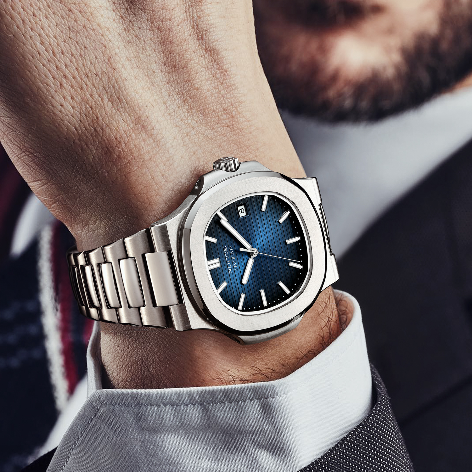 Watches for Men Automatic Self-Winding Mechanical Watch Waterproof Anti Shock Luminous Business Wristwatch Adjustable Stainless Steel Band Blue Dial