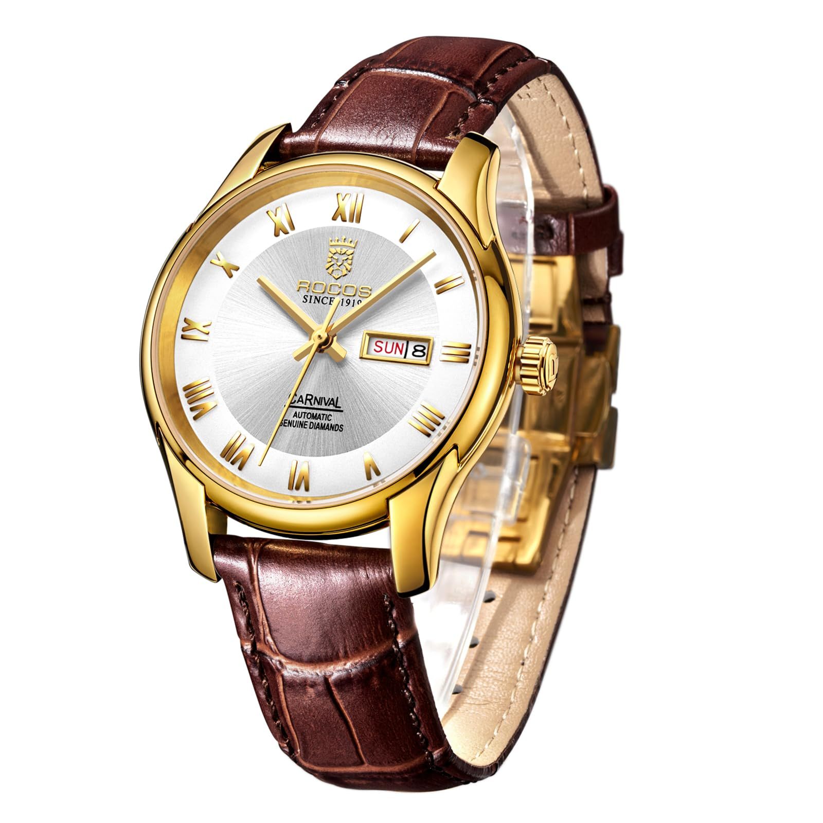 ROCOSJEWE Men's Watch Fashion Automatic Watches for Men Men's Mechanical Watch Leather Strap Waterproof Calendar Week Gift 