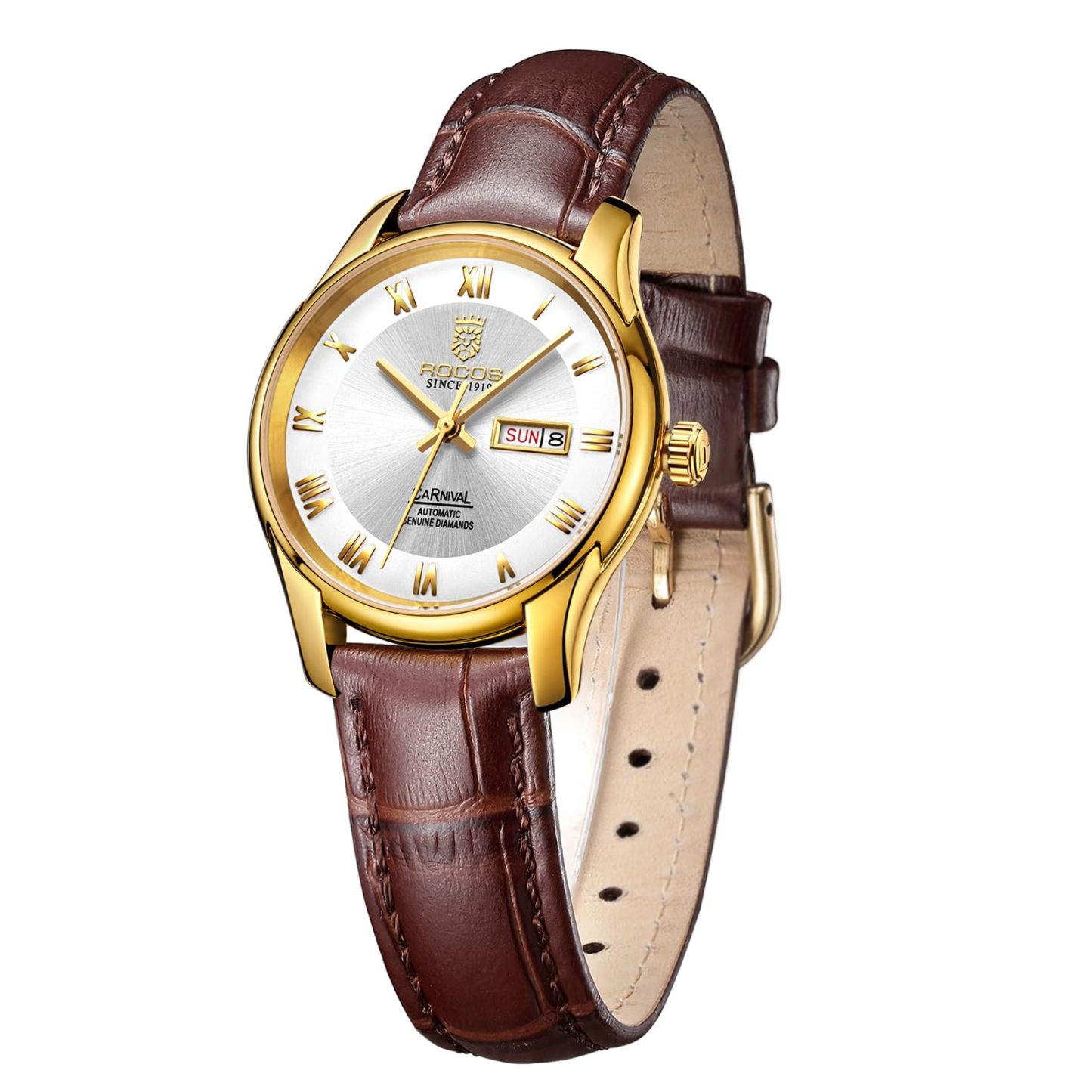 ROCOSJEWE Fashion Women's Watches Classic Rose Gold Women's Wristwatch Laser Pattern Dial Roman Numerals Quartz Watch Day Date Leather Strap Girlfriend Gift R0131L