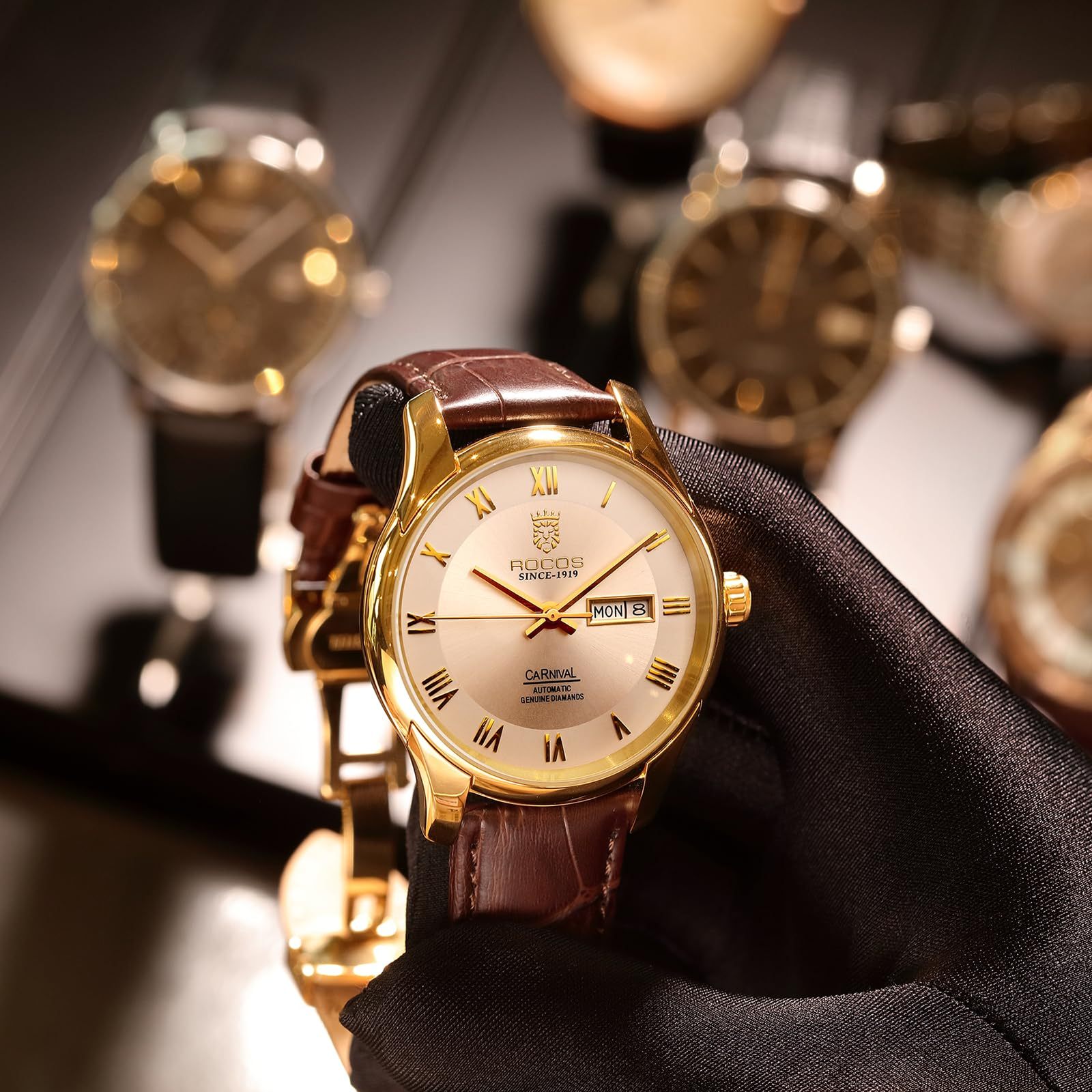 ROCOSJEWE Men's Watch Fashion Automatic Watches for Men Men's Mechanical Watch Leather Strap Waterproof Calendar Week Gift 