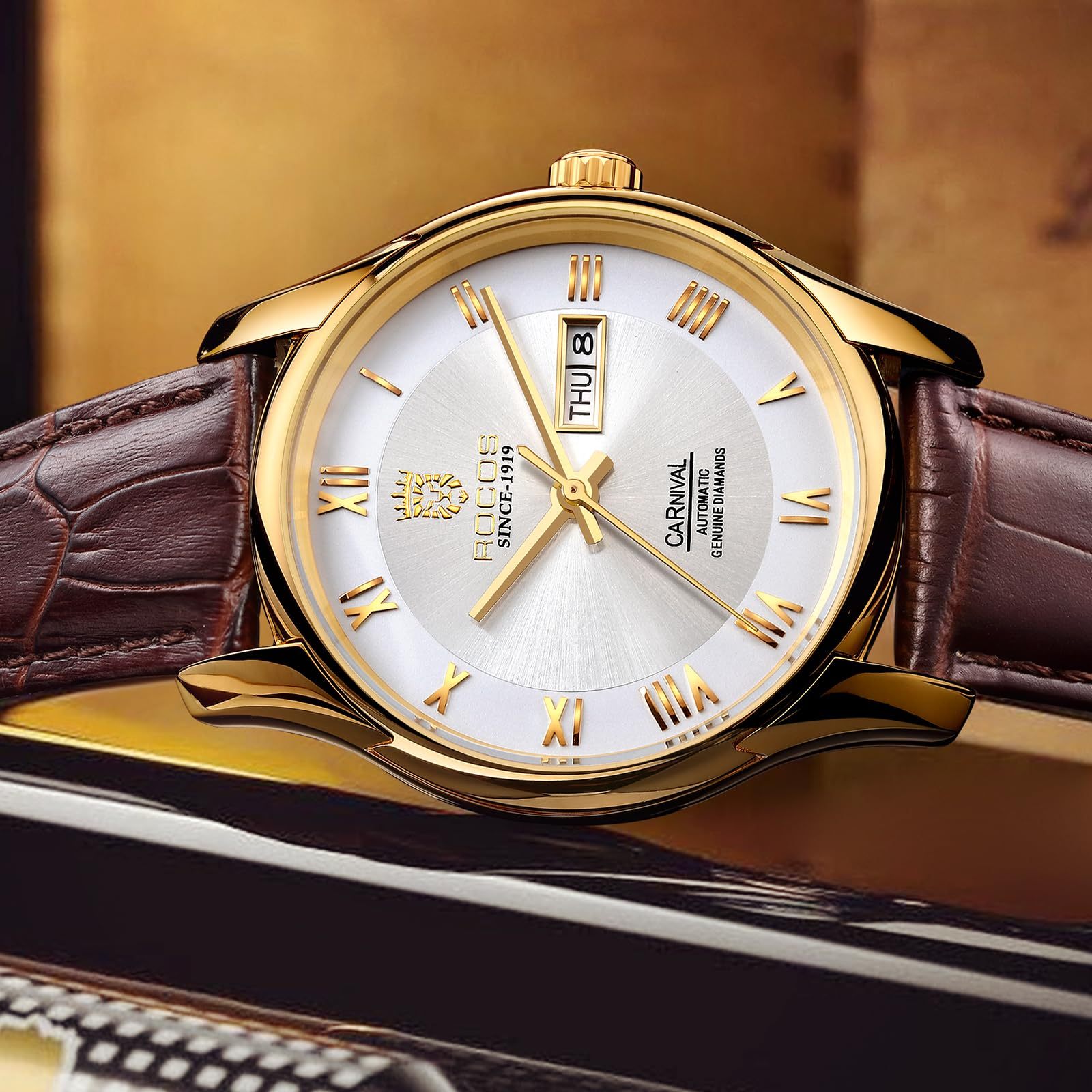 ROCOSJEWE Men's Watch Fashion Automatic Watches for Men Men's Mechanical Watch Leather Strap Waterproof Calendar Week Gift 