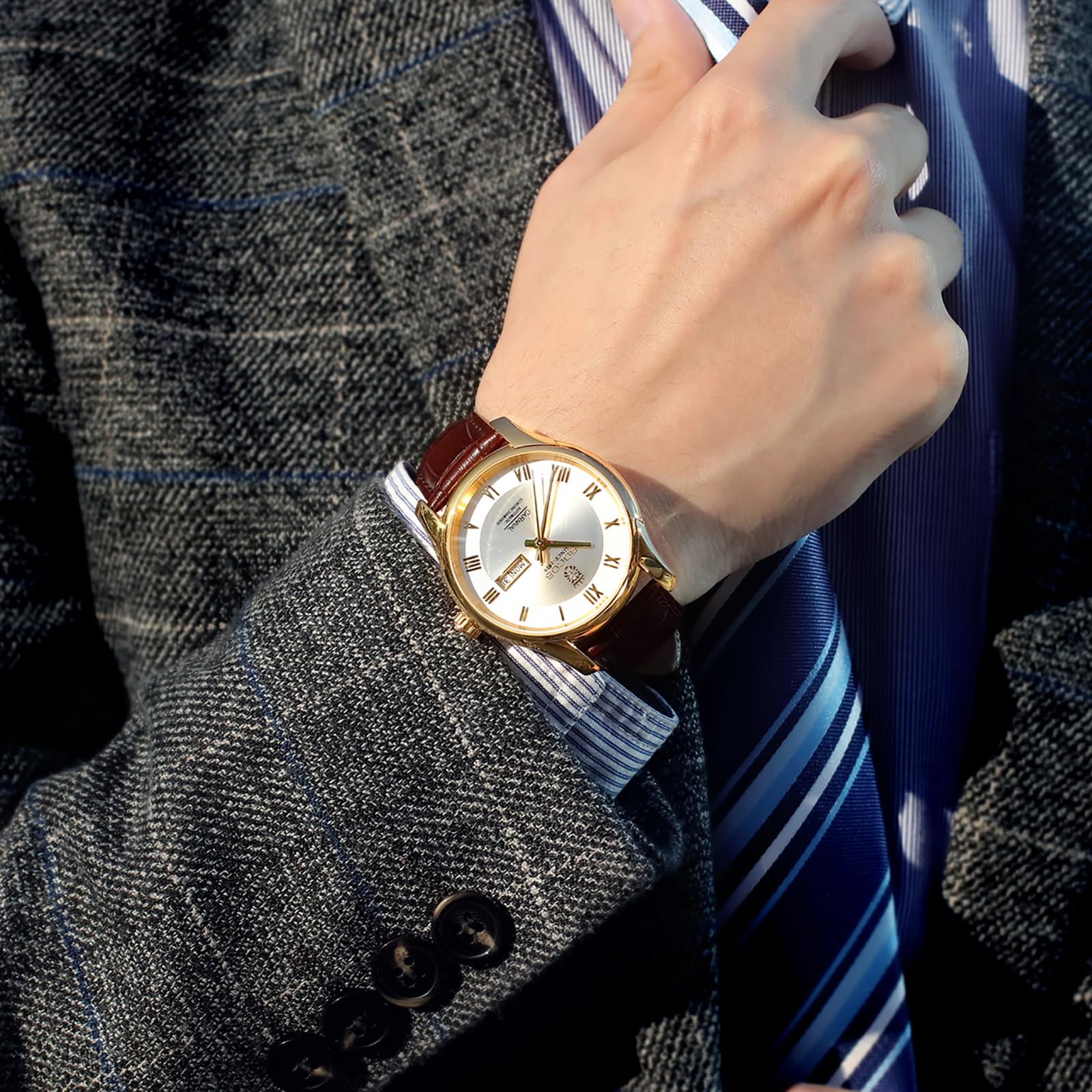 ROCOSJEWE Men's Watch Fashion Automatic Watches for Men Men's Mechanical Watch Leather Strap Waterproof Calendar Week Gift 