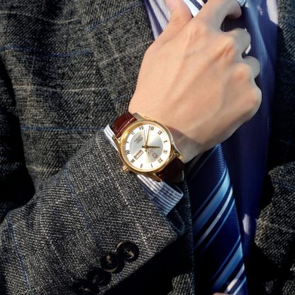 ROCOSJEWE Men's Watch Fashion Automatic Watches for Men Men's Mechanical Watch Leather Strap Waterproof Calendar Week Gift 