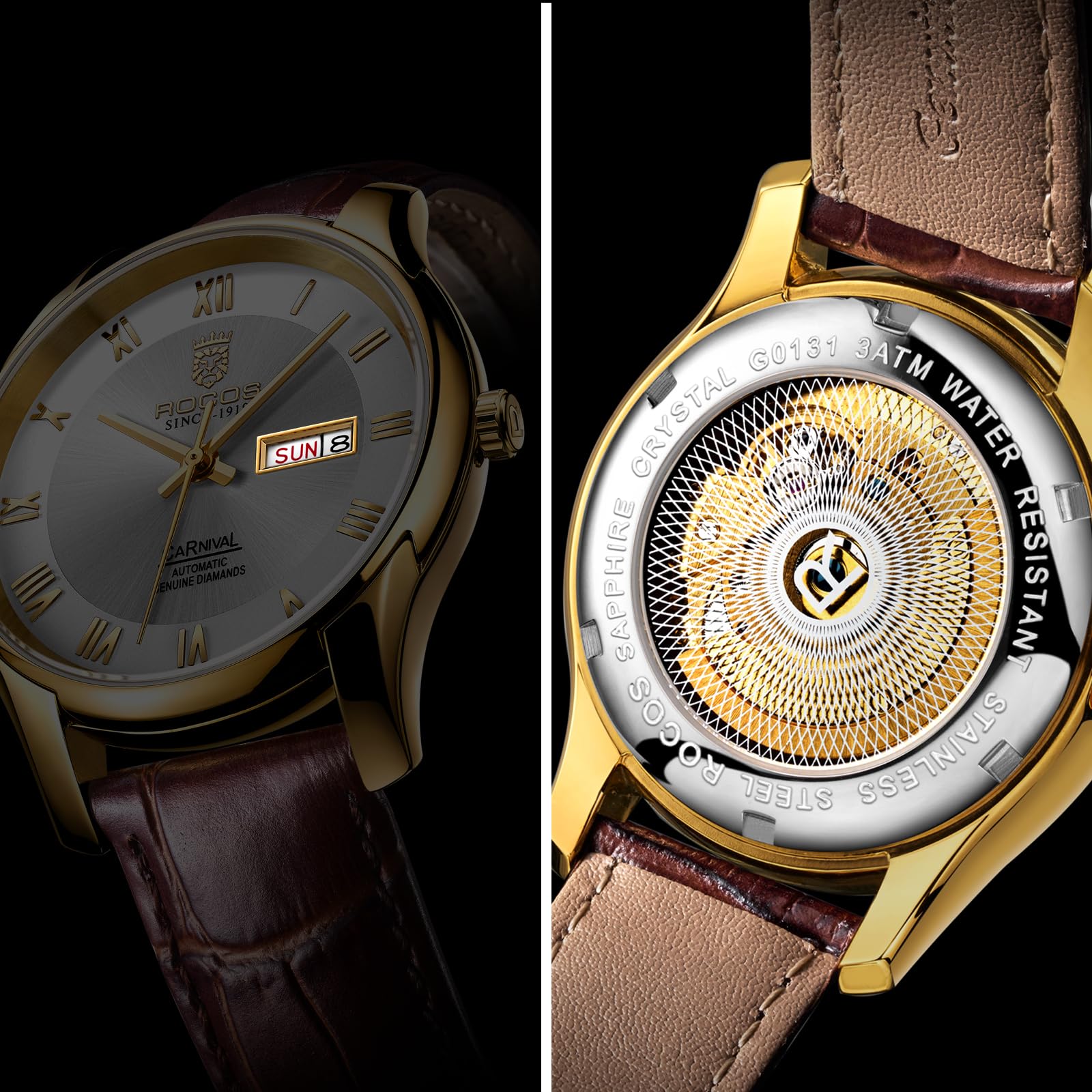 ROCOSJEWE Men's Watch Fashion Automatic Watches for Men Men's Mechanical Watch Leather Strap Waterproof Calendar Week Gift 