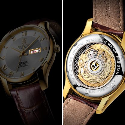 ROCOSJEWE Men's Watch Fashion Automatic Watches for Men Men's Mechanical Watch Leather Strap Waterproof Calendar Week Gift 