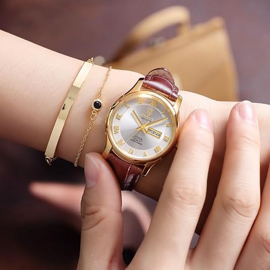 ROCOSJEWE Fashion Women's Watches Classic Rose Gold Women's Wristwatch Laser Pattern Dial Roman Numerals Quartz Watch Day Date Leather Strap Girlfriend Gift R0131L