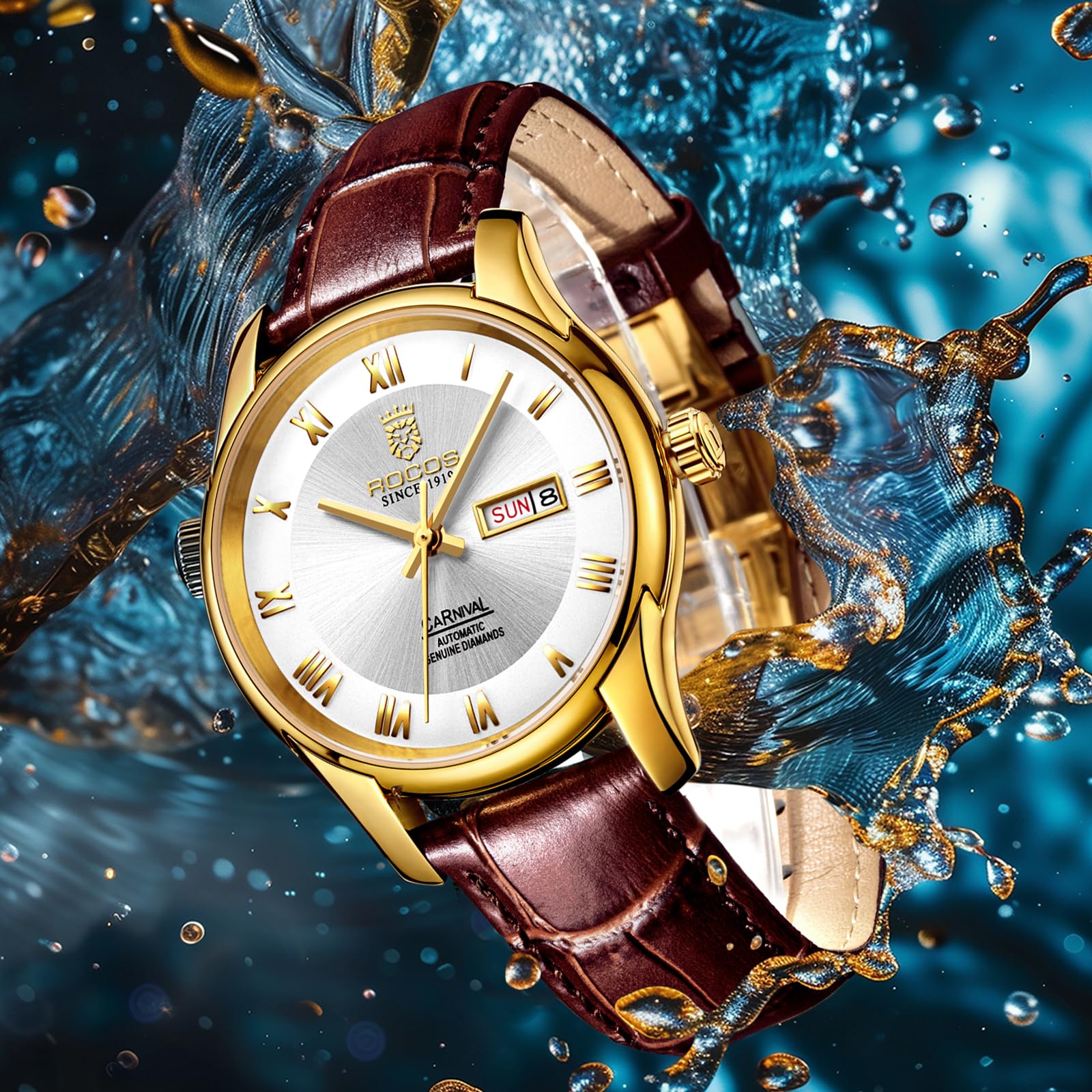 ROCOSJEWE Men's Watch Fashion Automatic Watches for Men Men's Mechanical Watch Leather Strap Waterproof Calendar Week Gift 