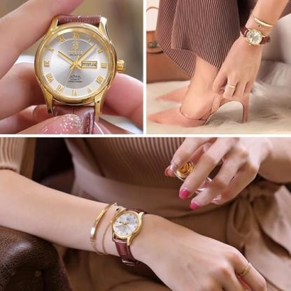 ROCOSJEWE Fashion Women's Watches Classic Rose Gold Women's Wristwatch Laser Pattern Dial Roman Numerals Quartz Watch Day Date Leather Strap Girlfriend Gift R0131L