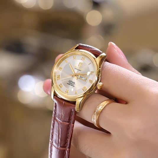 ROCOSJEWE Fashion Women's Watches Classic Rose Gold Women's Wristwatch Laser Pattern Dial Roman Numerals Quartz Watch Day Date Leather Strap Girlfriend Gift R0131L