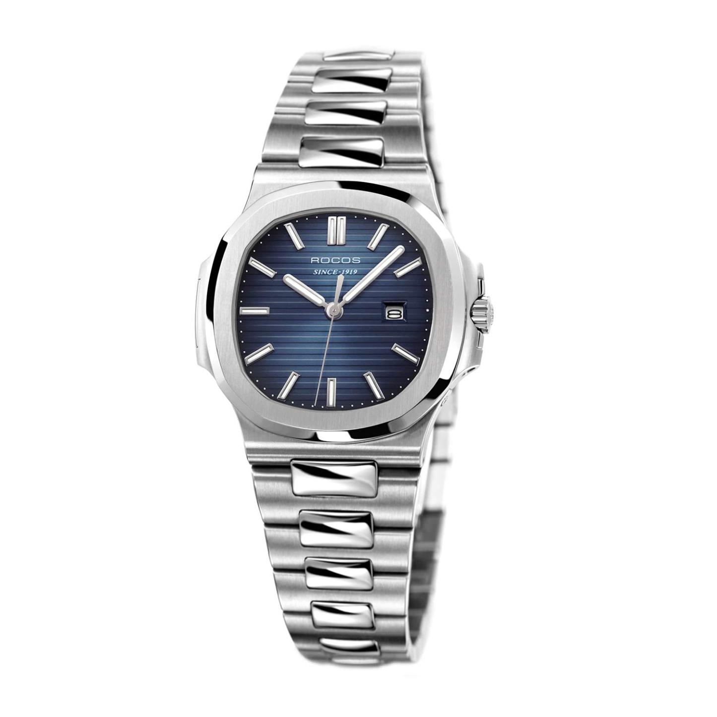 ROCOSJEWE Square Ladies Watch Japanese Quartz Blue Dial Luminous Pointers with Calendar Waterproof Business Casual Style Adjustable Stainless Steel Band Gift
