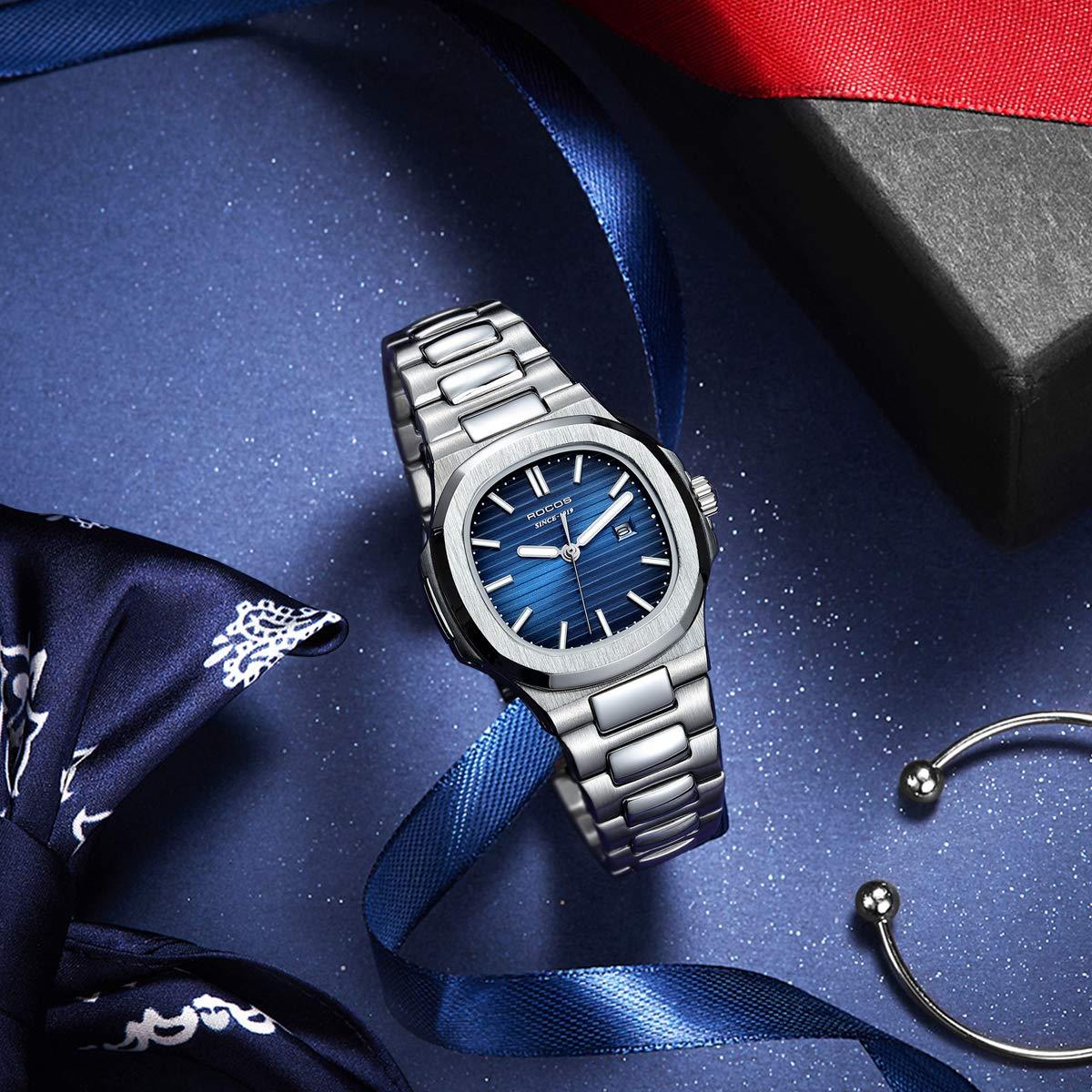 ROCOSJEWE Square Ladies Watch Japanese Quartz Blue Dial Luminous Pointers with Calendar Waterproof Business Casual Style Adjustable Stainless Steel Band Gift
