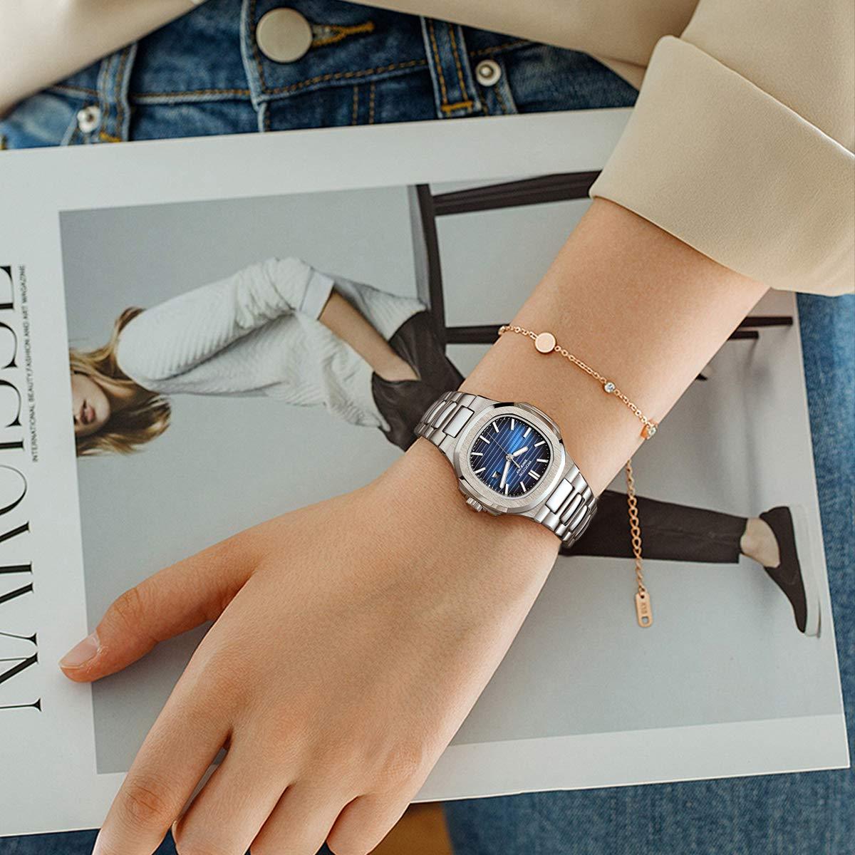 ROCOSJEWE Square Ladies Watch Japanese Quartz Blue Dial Luminous Pointers with Calendar Waterproof Business Casual Style Adjustable Stainless Steel Band Gift