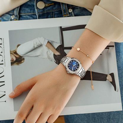 ROCOSJEWE Square Ladies Watch Japanese Quartz Blue Dial Luminous Pointers with Calendar Waterproof Business Casual Style Adjustable Stainless Steel Band Gift