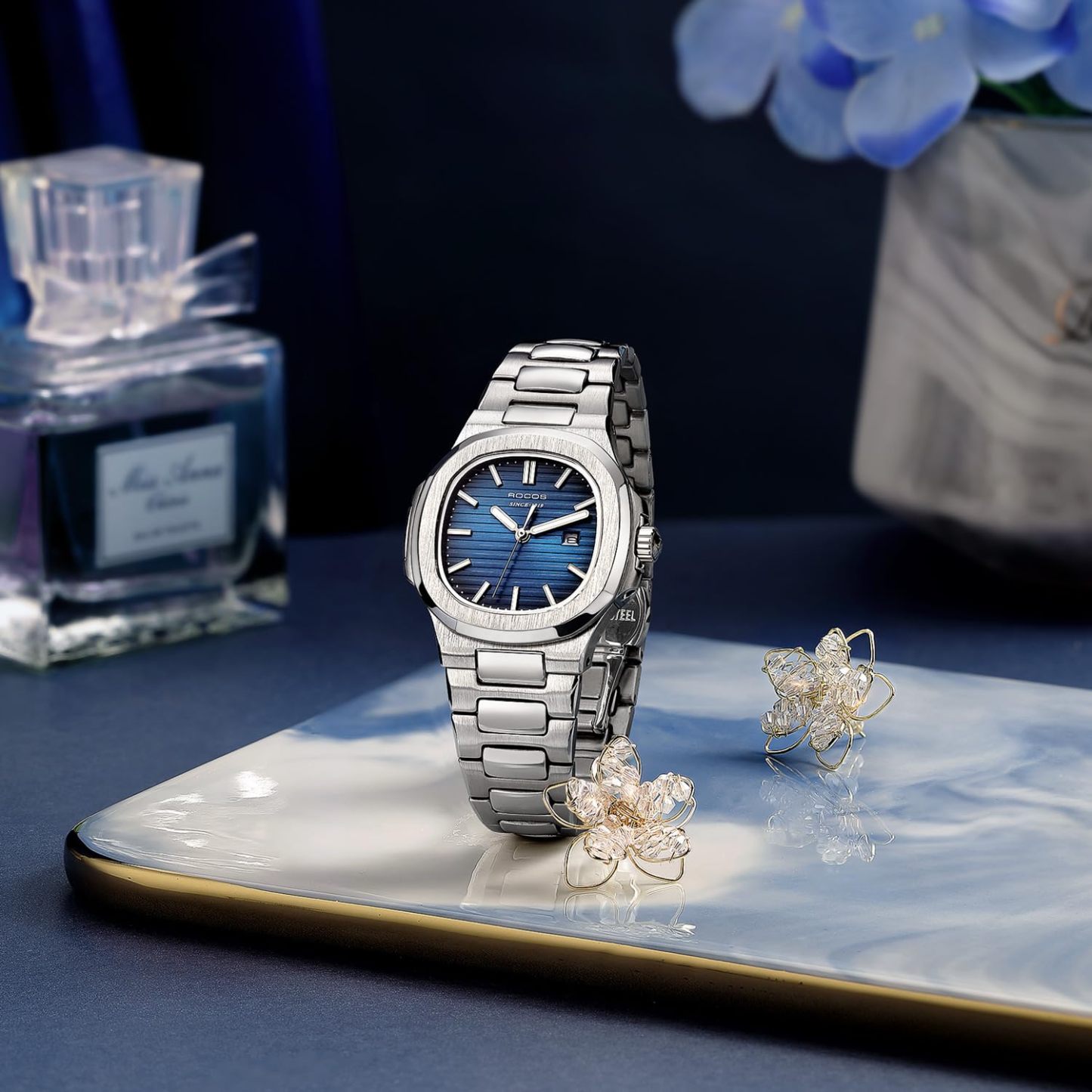 ROCOSJEWE Square Ladies Watch Japanese Quartz Blue Dial Luminous Pointers with Calendar Waterproof Business Casual Style Adjustable Stainless Steel Band Gift