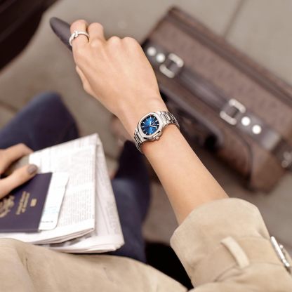 ROCOSJEWE Square Ladies Watch Japanese Quartz Blue Dial Luminous Pointers with Calendar Waterproof Business Casual Style Adjustable Stainless Steel Band Gift