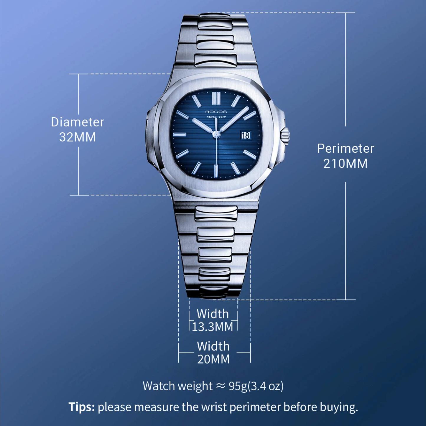 ROCOSJEWE Square Ladies Watch Japanese Quartz Blue Dial Luminous Pointers with Calendar Waterproof Business Casual Style Adjustable Stainless Steel Band Gift