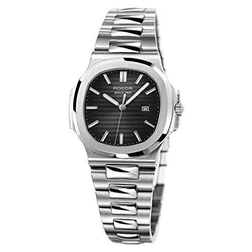 ROCOSJEWE Square Ladies Watch Japanese Quartz Blue Dial Luminous Pointers with Calendar Waterproof Business Casual Style Adjustable Stainless Steel Band Gift