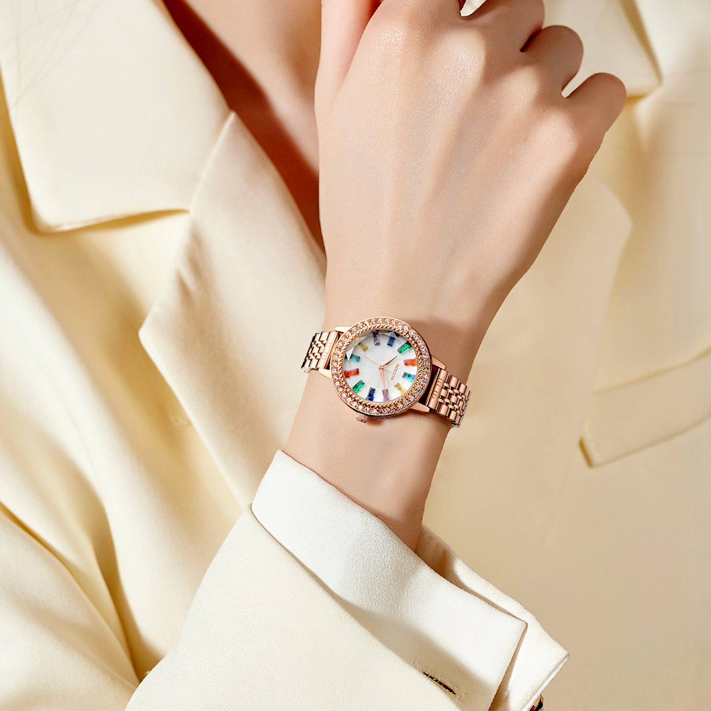 ROCOSJEWE Ladies Quartz Watch Temperament Shining Diamond Gold Bezel Exquisite Luxurious Colored Gemstone Hour Markers Steel Strap Ladies Watch R0260