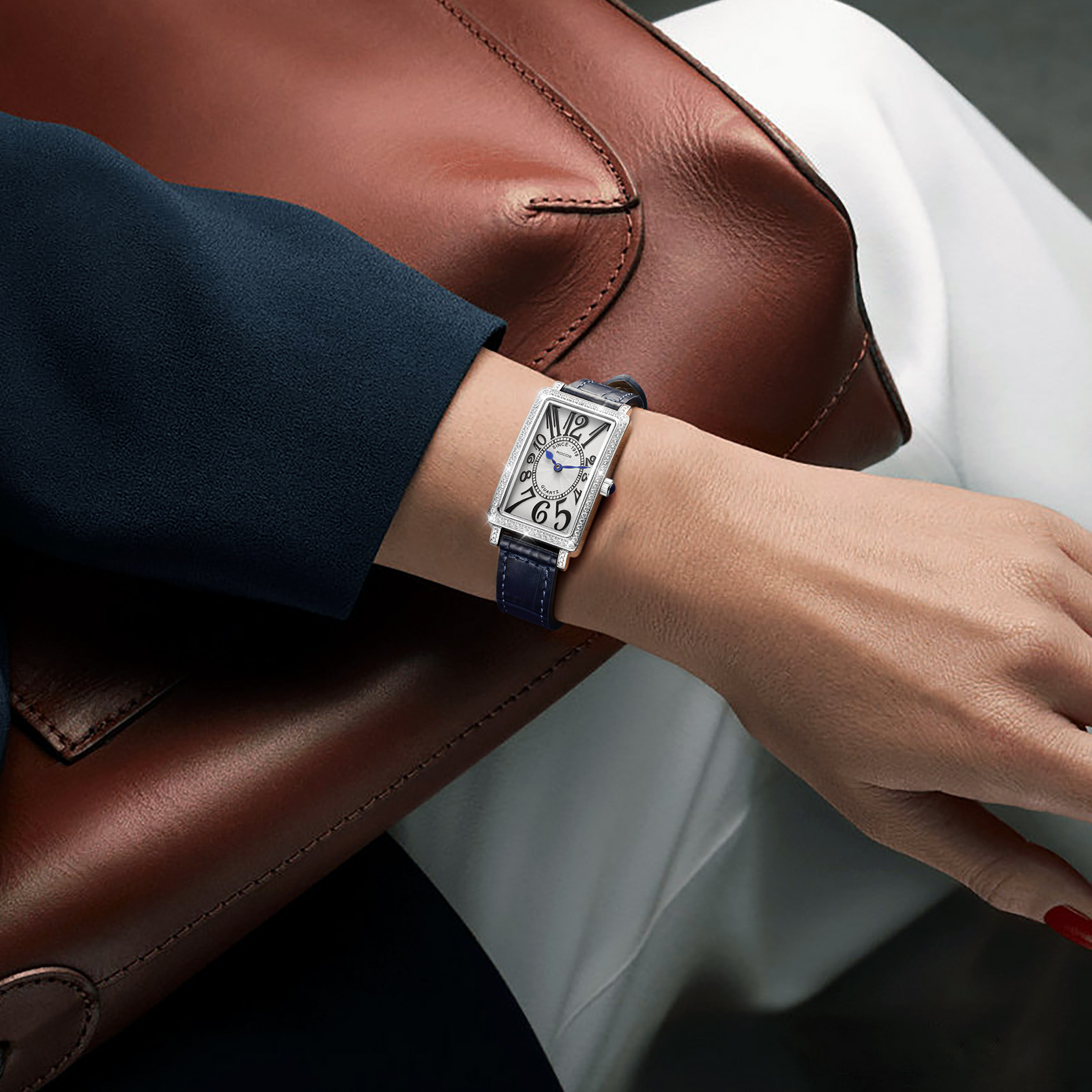 ROCOSJEWE Women Ultra-thin Watches Rectangular Blue Two-pointer Quartz Analog Watch Leather Strap Casual & Dress  R0245