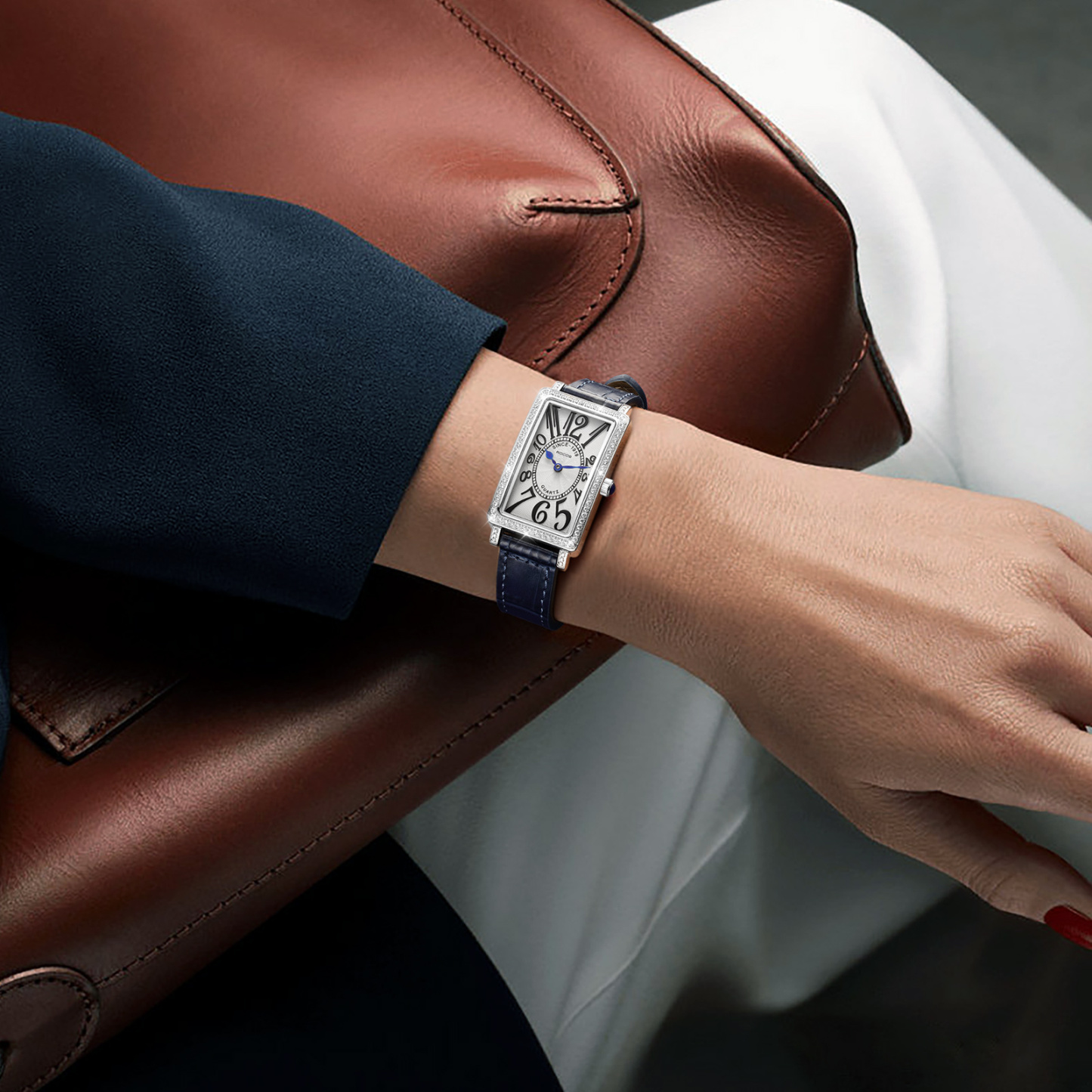 ROCOSJEWE Women Ultra-thin Watches Rectangular Blue Two-pointer Quartz Analog Watch Leather Strap Casual & Dress R0245