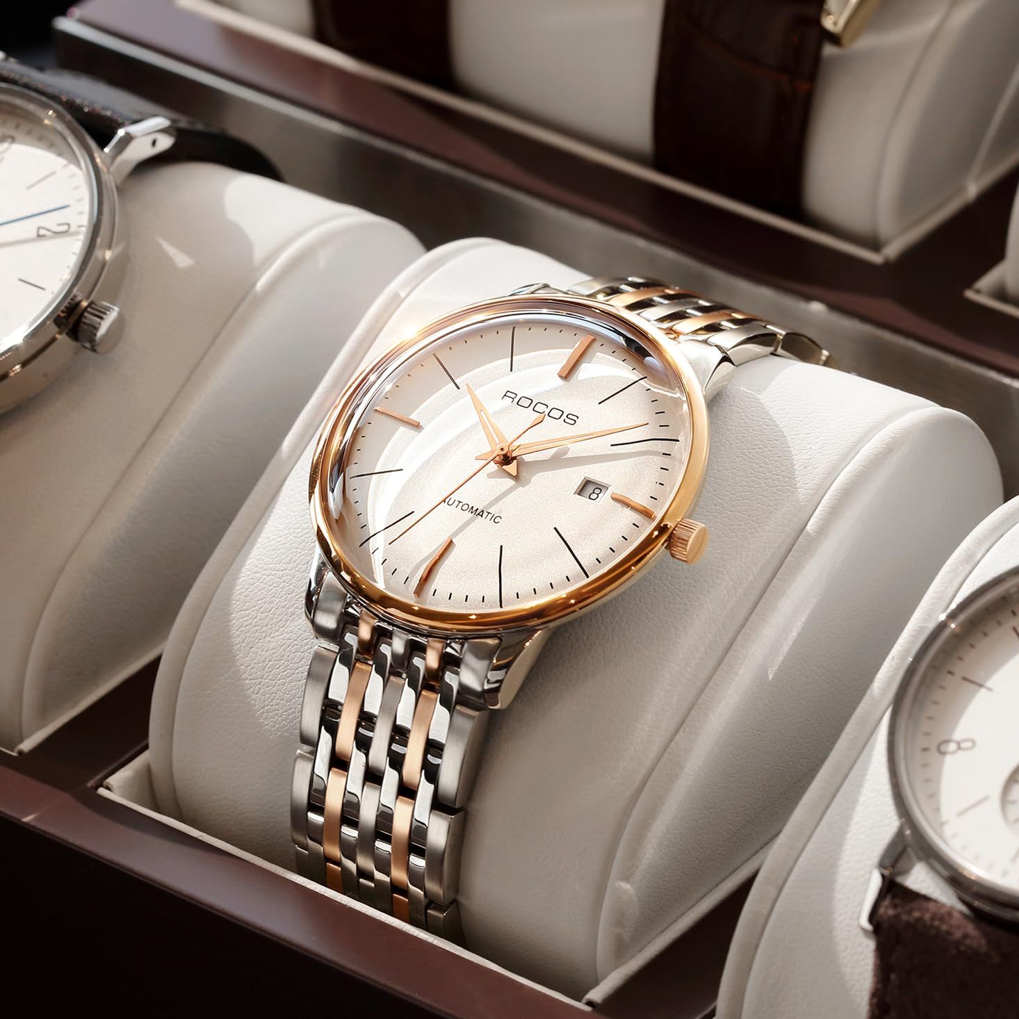 ROCOSJEWE Ultra-Thin Fashion Men's Watch Fully Automatic Mechanical Watches for Men Luminous Calendar Waterproof Dress Watch 