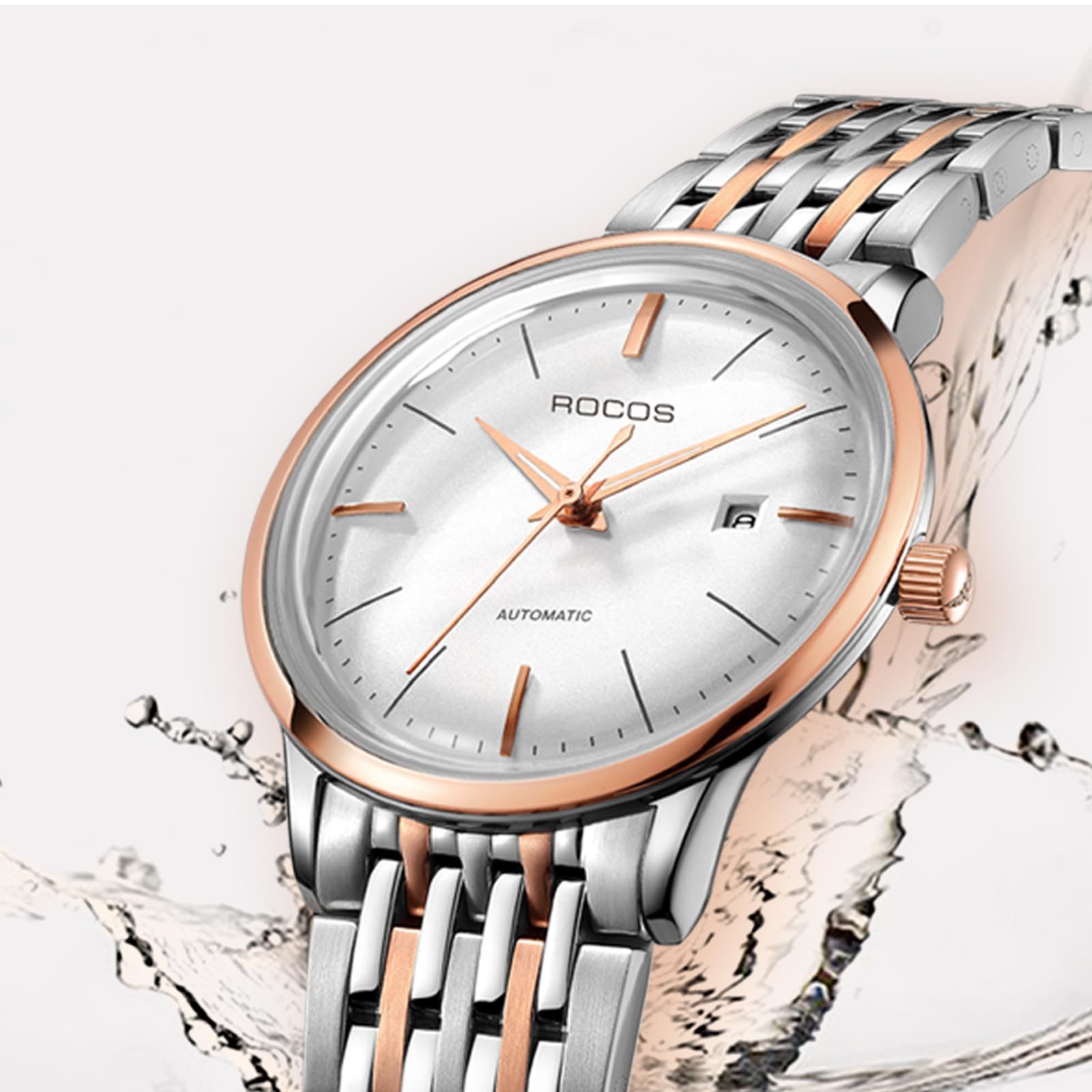 ROCOSJEWE Ultra-Thin Fashion Men's Watch Fully Automatic Mechanical Watches for Men Luminous Calendar Waterproof Dress Watch 