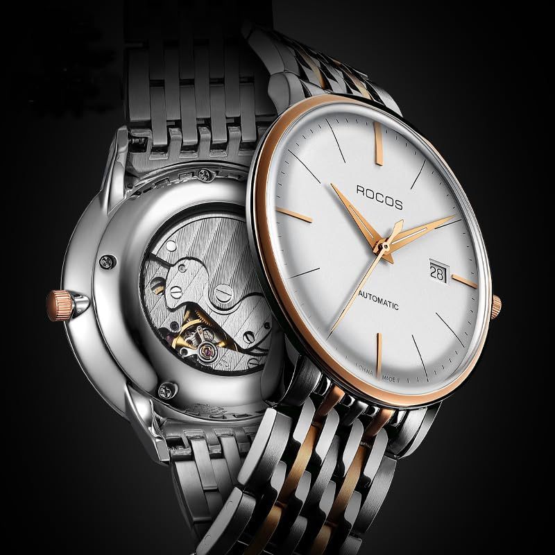 ROCOSJEWE Ultra-Thin Fashion Men's Watch Fully Automatic Mechanical Watches for Men Luminous Calendar Waterproof Dress Watch 
