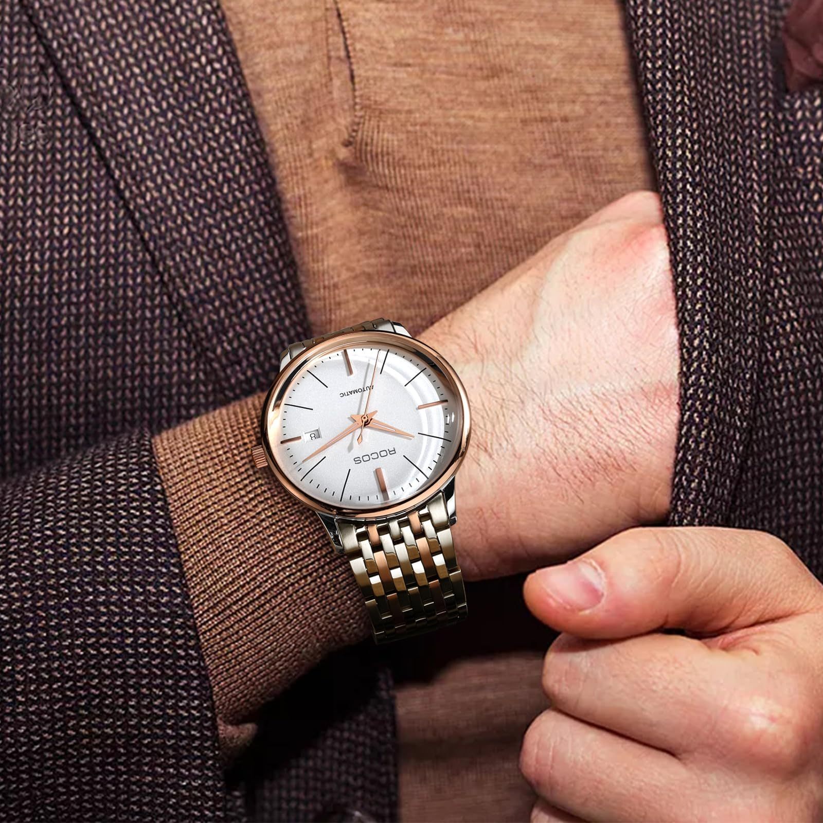 ROCOSJEWE Ultra-Thin Fashion Men's Watch Fully Automatic Mechanical Watches for Men Luminous Calendar Waterproof Dress Watch 