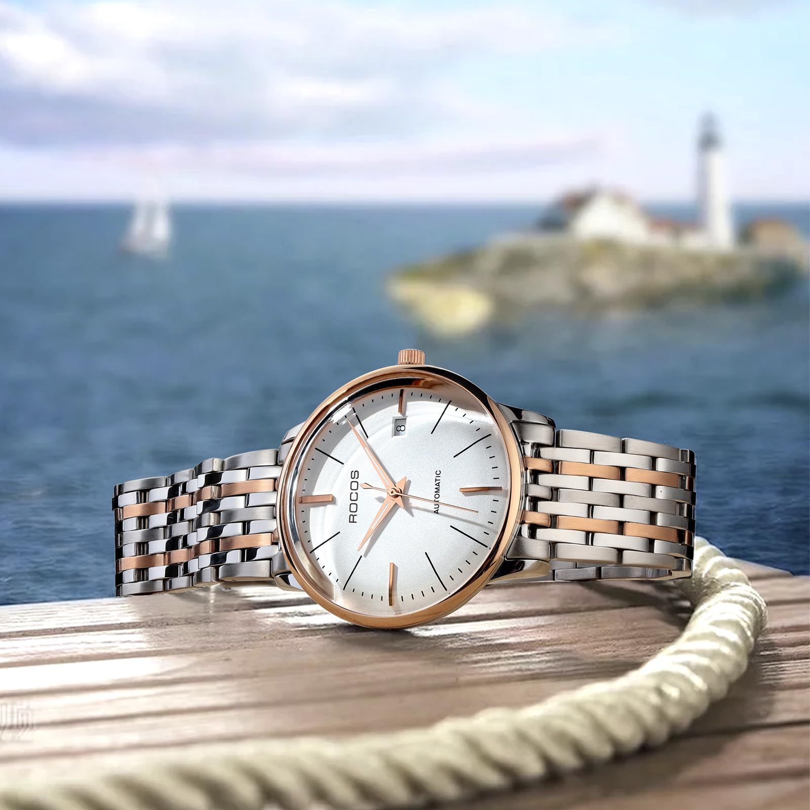 ROCOSJEWE Ultra-Thin Fashion Men's Watch Fully Automatic Mechanical Watches for Men Luminous Calendar Waterproof Dress Watch 