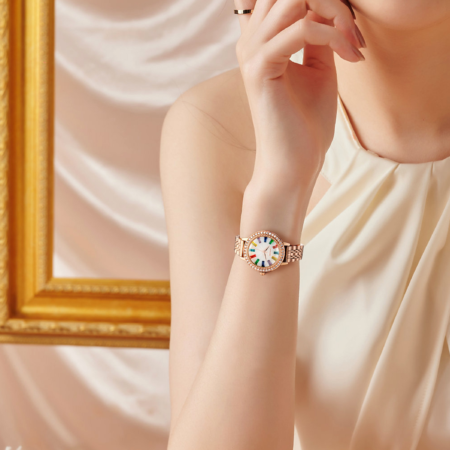 ROCOSJEWE Ladies Quartz Watch Temperament Shining Diamond Gold Bezel Exquisite Luxurious Colored Gemstone Hour Markers Steel Strap Ladies Watch R0260