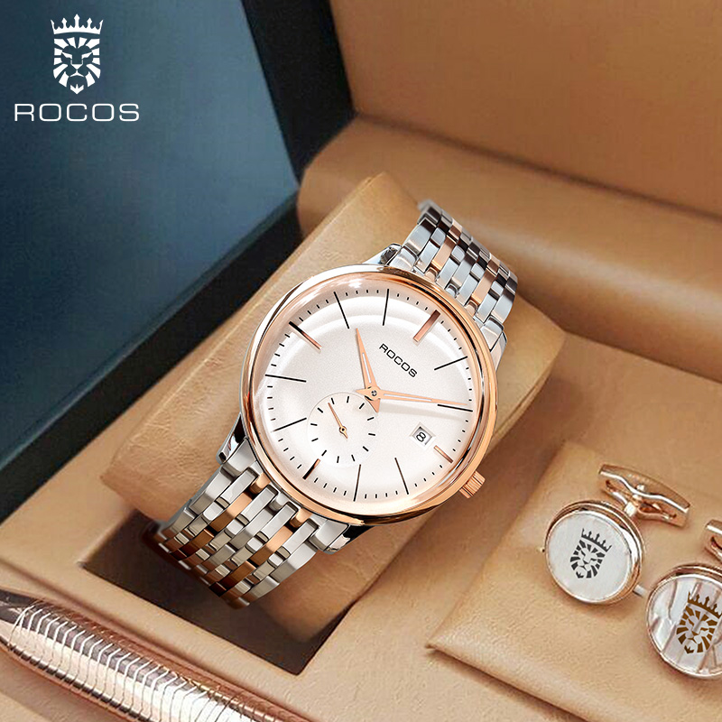 ROCOSJEWE Men's Watches Automatic Mechanical Watches Luminous Seconds Dial Stainless Steel Strap Waterproof Business Casual Watch for Men R0140