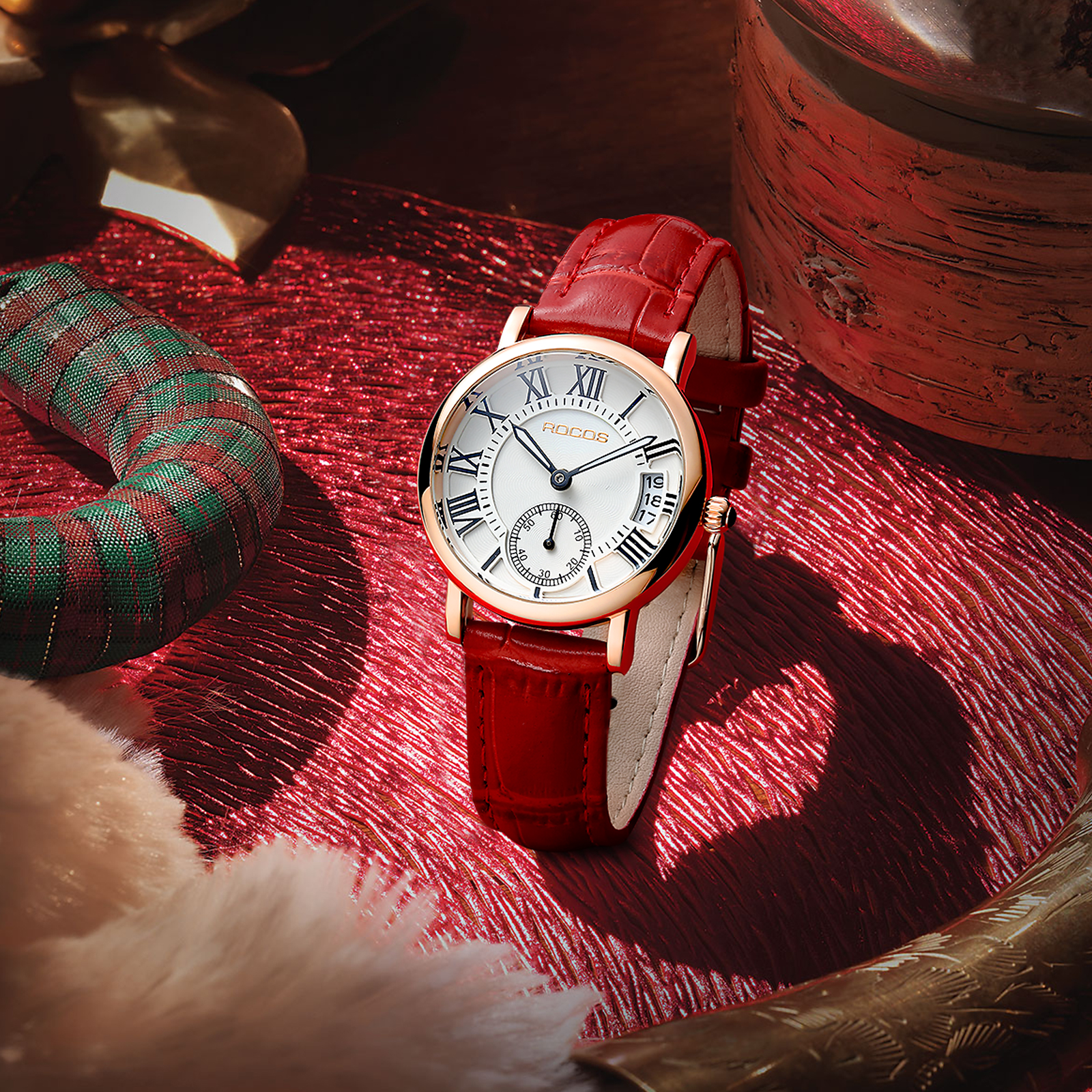 ROCOSJEWE Women Quartz Watch Vintage Roman Numeral Analog Dial Second Hand Sub Dial 32mm Gold Stainless Steel Case Leather Strap R0240