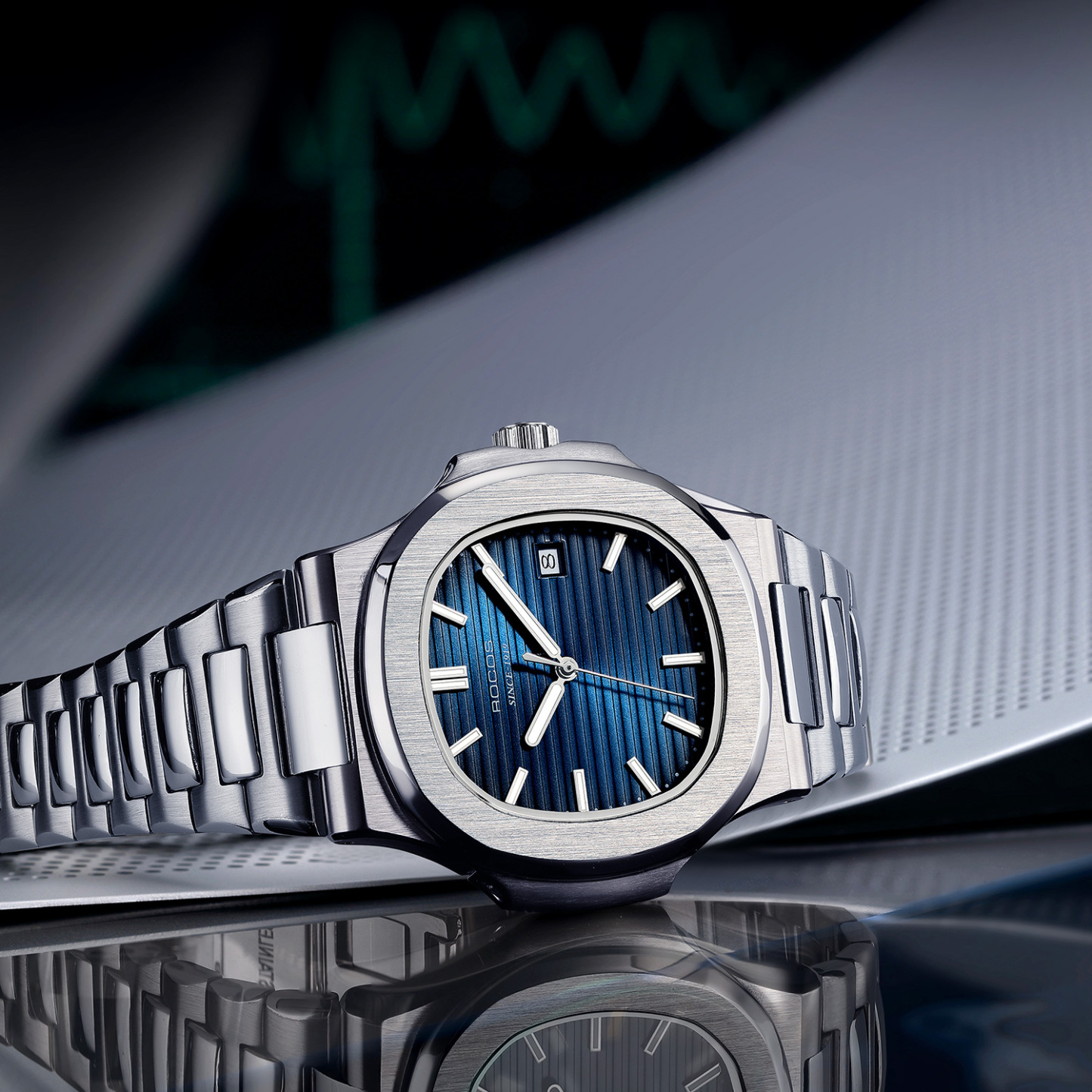 Watches for Men Automatic Self-Winding Mechanical Watch Waterproof Anti Shock Luminous Business Wristwatch Adjustable Stainless Steel Band Blue Dial