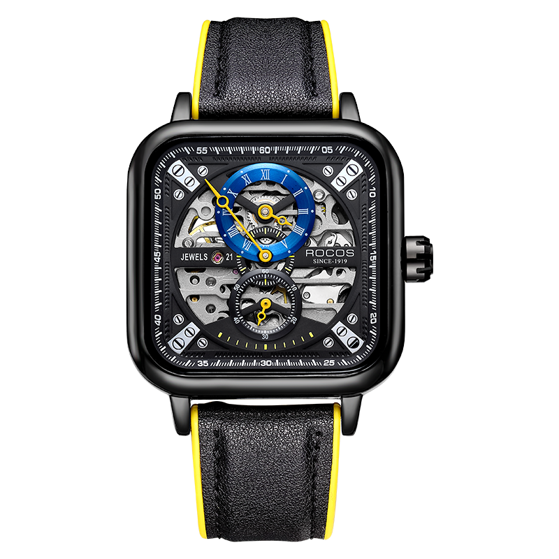 Automatic Watches for Men Skeleton Mechanical Watch Stainless Waterproof Anti Shock Casual Analog Dress Watch Leather Band Vintage Square Ultra Thin Business Wristwatch R0917