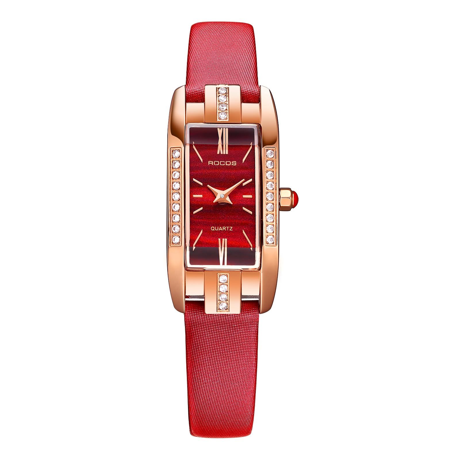 ROCOSJEWE Watches for Women Red Dial with Leather Strap Rose Gold case Fashion Ladies Wristwatch Quartz Analog Elegant Dress Watch Waterproof Gifts RW0209S Red