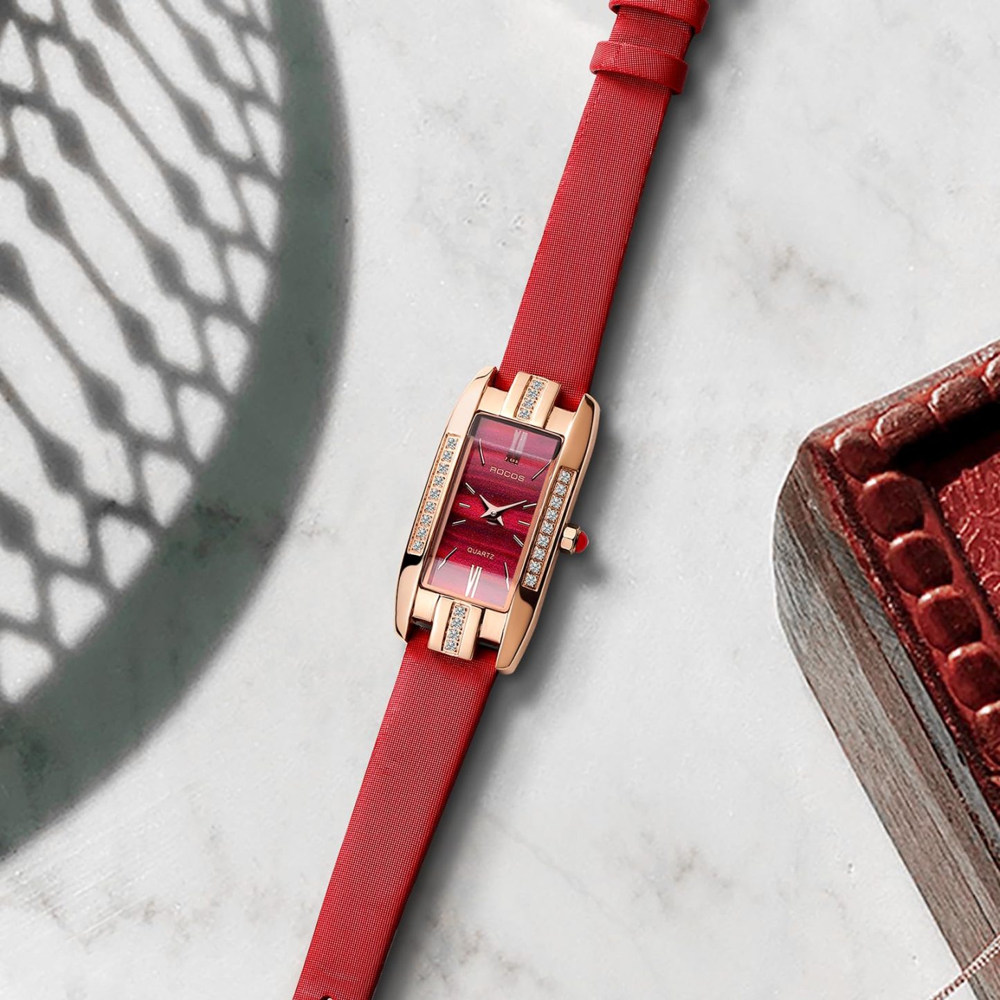 ROCOSJEWE Watches for Women Red Dial with Leather Strap Rose Gold case Fashion Ladies Wristwatch Quartz Analog Elegant Dress Watch Waterproof Gifts RW0209S Red