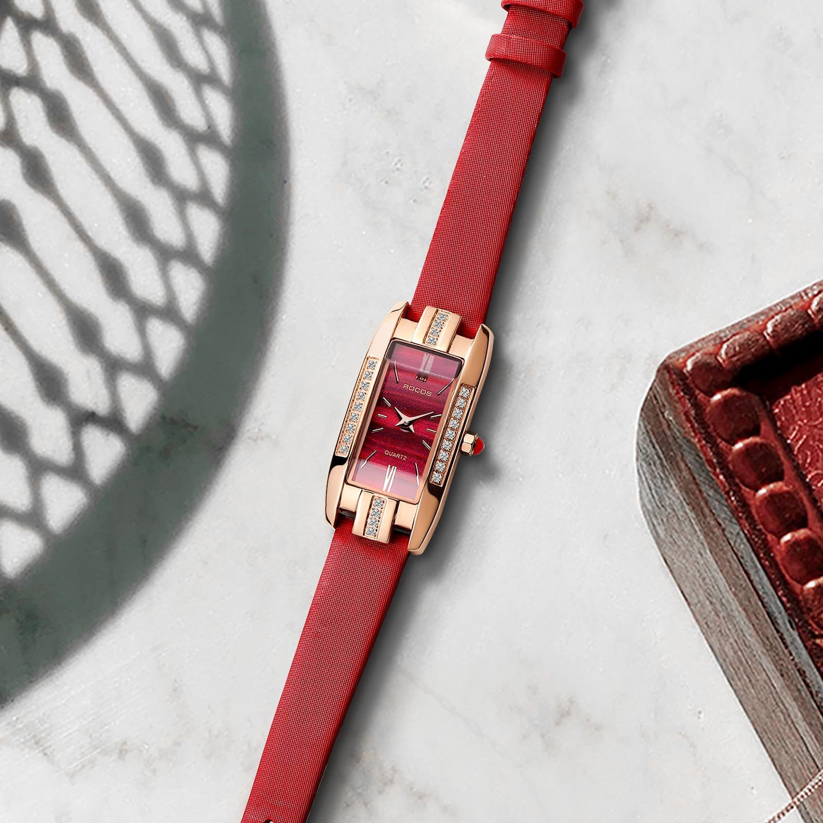 ROCOSJEWE Watches for Women Red Dial with Leather Strap Rose Gold case Fashion Ladies Wristwatch Quartz Analog Elegant Dress Watch Waterproof Gifts RW0209S Red