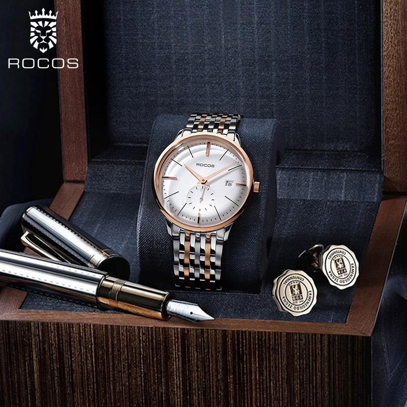 ROCOSJEWE Men's Watches Automatic Mechanical Watches Luminous Seconds Dial Stainless Steel Strap Waterproof Business Casual Watch for Men R0140