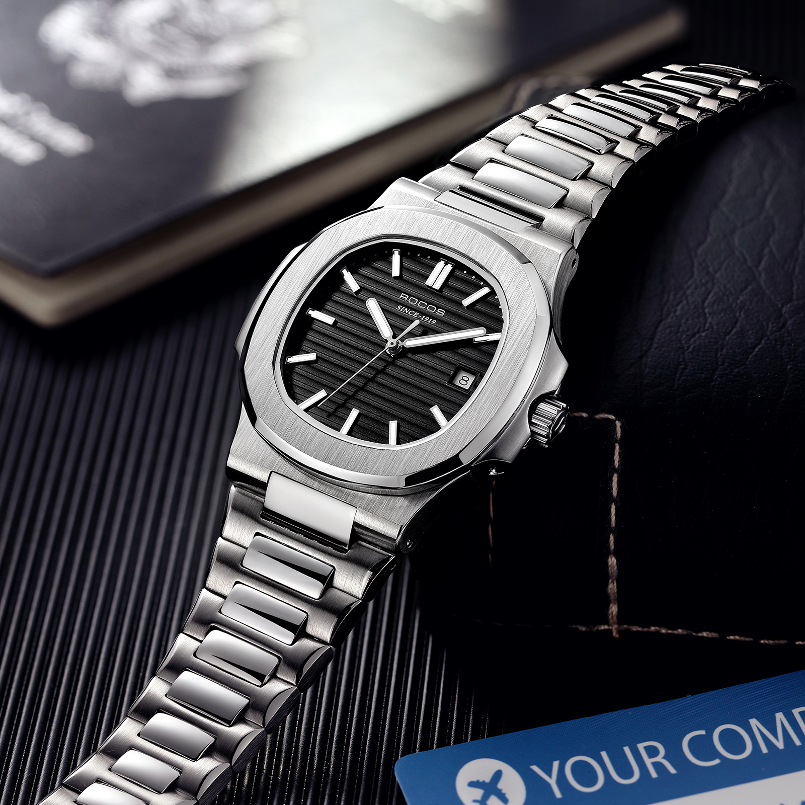 Watches for Men Automatic Self-Winding Mechanical Watch Waterproof Anti Shock Luminous Business Wristwatch Adjustable Stainless Steel Band Blue Dial-R0139