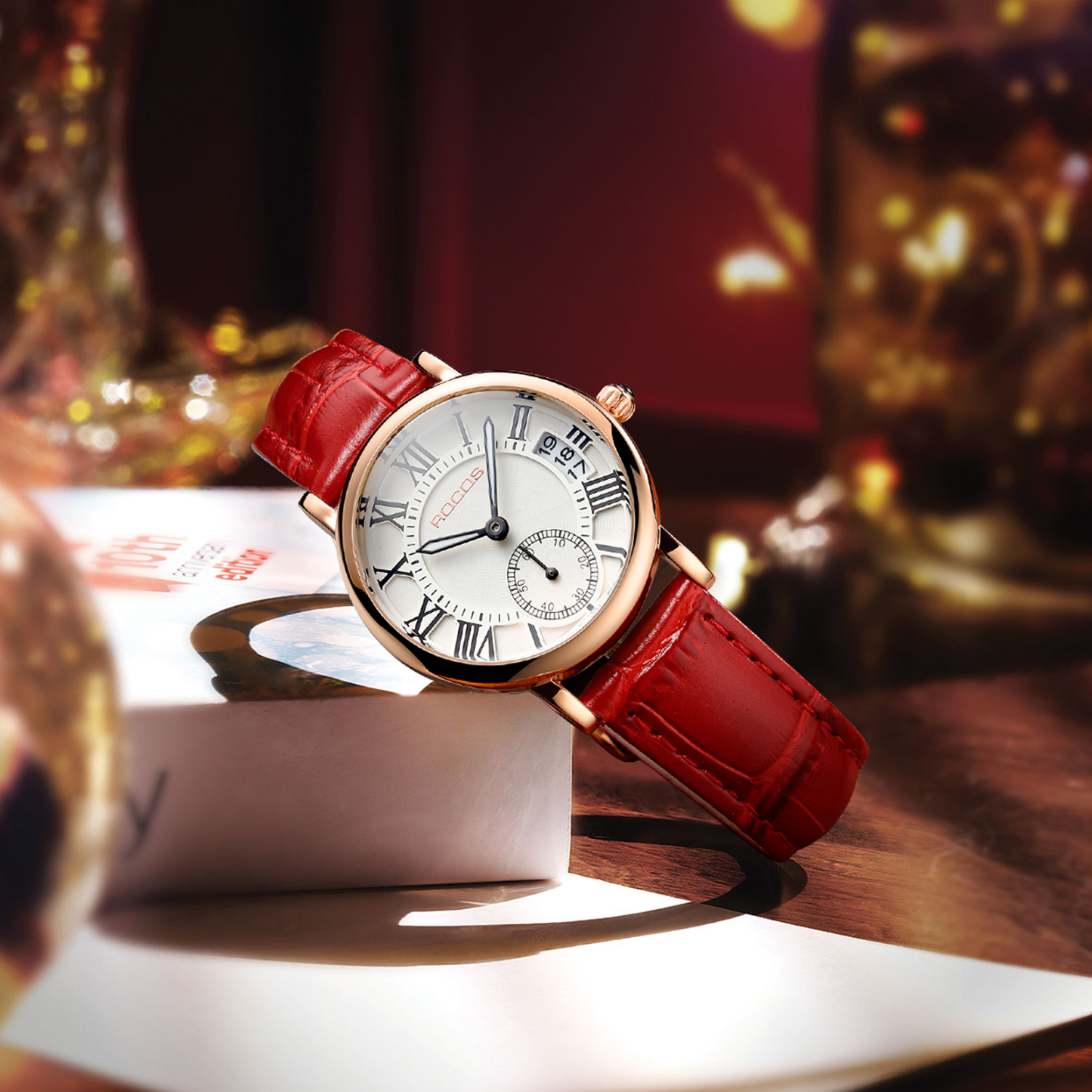 ROCOSJEWE Women Quartz Watch Vintage Roman Numeral Analog Dial Second Hand Sub Dial 32mm Gold Stainless Steel Case Leather Strap R0240