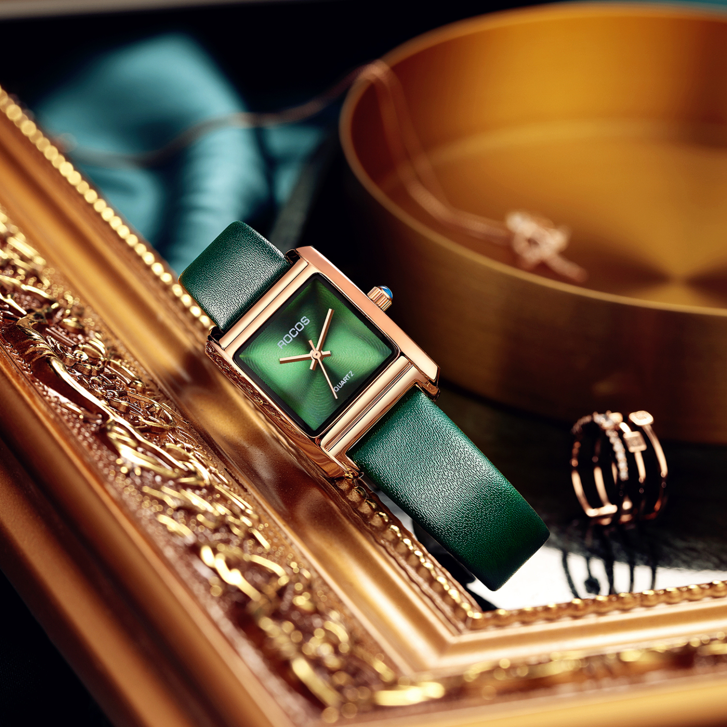 ROCOSJEWE Women's Wrist Watch Japanese Quartz Ultra-Thin Dress Square Watch with Emerald Green Dial Ladies Luxury Classic Elegant R0219